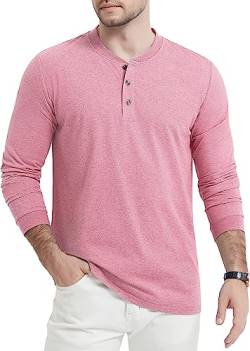 MAGCOMSEN Herren Henley Freizeithemd Classic Baumwolle Longsleeve Shirt Sommer Atmungsaktiv Outdoorshirt Herren Leicht Sport T-Shirt Regular Fit Jagdshirt Pink XL von MAGCOMSEN