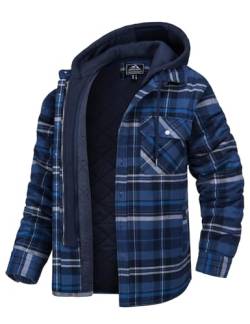 MAGCOMSEN Herren Kapuze Kariertes Hemd Plaid Fleece Jacke Winter Frühling Flanellhemd Verdickt Outdoor Freizeithemd Herren Gesteppte Gefütterte Hemdjacke Hoodie Longsleeve Thermohemd Blau Grau XL von MAGCOMSEN