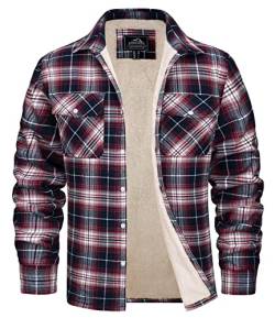 MAGCOMSEN Herren Karierts Freizeithemd Plaid Fleece Jacke Gefüttert Baumwolle Flanellhemd Männer Thermo Arbeit Hemd Innenfutter Holzfäller Hemdjacke Rot Weiß 3XL von MAGCOMSEN