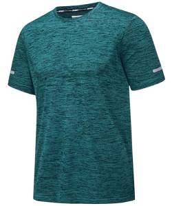 MAGCOMSEN Herren Meliert Sport T-Shirts Sommer Funktionsshirts Schnelltrocknend Jogging Shirt Männer Kurzarm Wandershirts Leicht Casual Oberteile Mit Reflektierender Streifen Jadegrün M von MAGCOMSEN