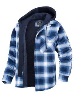 MAGCOMSEN Herren Plaid Hemd Hoodie Winter Holzfällerhemd Abnehmbar Kapuze Karohemd Frühling Baumwolle Arbeitshemd Männer Dick Fleece Flanellhemd Button-Down Bluse mit Mehrfachtaschen Blau Weiß XXL von MAGCOMSEN