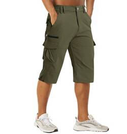 MAGCOMSEN Herren Short Outdoor Caprihose mit 7 Taschen Sommer Schnelltrocknend Wanderhose Herren 3/4 Jogginghose Gummibund Bermuda Shorts Atmungsaktiv Kurze Fahrradhose Armeegrün 30 von MAGCOMSEN