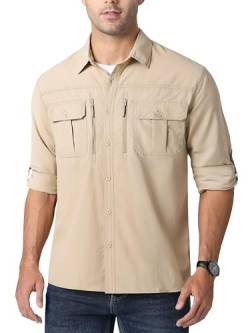 MAGCOMSEN Herren Tactical Hemd US Army Langarmhemd UV Schutz UPF 50+ Funktionshemd Herren Outdoor Wanderhemd für Arbeit Camping Atmungsaktiv Stretch Tropenhemd Khaki 2XL von MAGCOMSEN