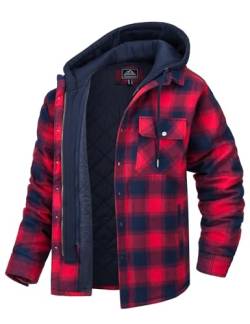 MAGCOMSEN Herren Thermohemd Warme Kariertes Hemd Hoodie Gesteppt Plaid Freizeithemd Abnehmbar Kapuze Holzfällerhemd Herren Winter Fleece Flanellhemd Casual Hemdjacke mit Große Taschen Rot XL von MAGCOMSEN