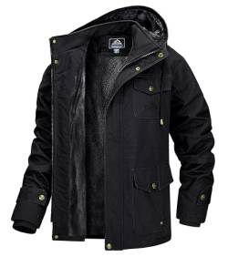 MAGCOMSEN Herren Winterparka Fleece Gefüttert Winterjacke mit Fell Herren Cargo Wintermantel Outdoor Bomberjacke mit 7 Taschen Schwarz 2XL von MAGCOMSEN