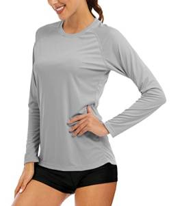 MAGCOMSEN Joggingshirts Damen Leicht Sommer Trainingsshirts Langarm Schnelltrocknend T-Shirts Damen Outdoor Atmungsaktiv Funktionsshirts UV Schutzkleidung Beach Hemd Hellgrau S von MAGCOMSEN