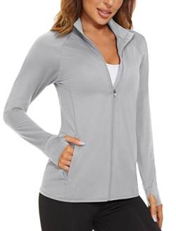 MAGCOMSEN Laufshirt Damen Langarm Sommer Sportjacke UPF 50+ Langarmshirt Laufen Shirt Funktions T-Shirt Trainingsshirt, Hellgrau L von MAGCOMSEN