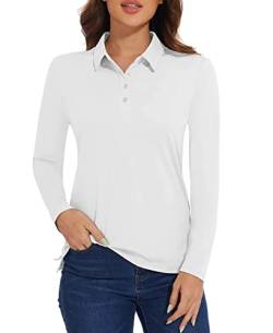 MAGCOMSEN Polo Arbeitsshirt Damen Langarm Shirts Basic Poloshirt Performance Sportshirt Quick Dry Top für Wandern Golf Yoga, Weiß L von MAGCOMSEN