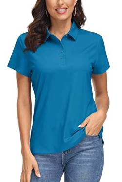 MAGCOMSEN Polo Arbeitsshirt Damen Sommer Poloshirt Performance Shirt Kurzarm UV Polohemd Stretch Golf Top Yoga T-Shirt, Blau Grün M von MAGCOMSEN
