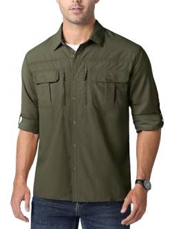 MAGCOMSEN Safarihemden für Herren UPF 50+ Outdoor Hemden Lange Ärmel Wanderhemd Herren Atmungsaktiv Sporthemd Shirt Leicht Funktionshemd Schnelltrocknend Tropenhemd Armeegrün 3XL von MAGCOMSEN