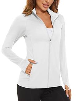 MAGCOMSEN Sportjacke Damen Dünn Ohne Kapuze Langarmshirt UV Schutz Shirt Langarm Sportliche Long Sleeve mit Reißverschluss, Weiß L von MAGCOMSEN