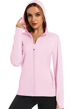 MAGCOMSEN Sportjacke Damen UPF 50+ Langarm Shirt Schnell Trockend Atmungsaktiv Laufjacke Voll Zip Rash Guard für Angeln Surfen Leicht Funktionsjacke mit Kapuze Rosa XL von MAGCOMSEN