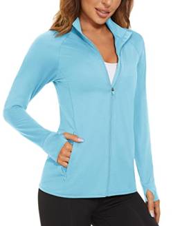 MAGCOMSEN Sportshirt Damen Langarm Atmungsaktiv Wandershirt Leichte UV Hoodie Schnelltrocknend Shirt Workout Sommerjacke, Hellblau L von MAGCOMSEN