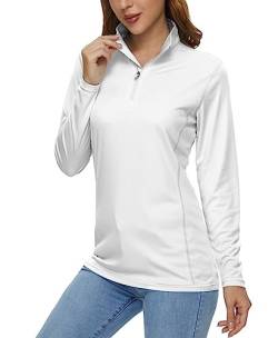 MAGCOMSEN Sportshirts Damen Langarm UPF 50+ Shirt Schnelltrocknend Fitnessshirts Frauen Sommer Sonnenschutz Tennisshirt Regular Fit Surfen Laufshirt mit 1/4 Zip Stehkragen Weiß XL von MAGCOMSEN