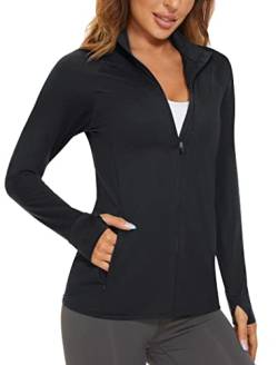 MAGCOMSEN UV Shirt Damen Langarm Sportshirt Atmungsaktiv Laufshirt Sommer Funktionsshirt Gym Zip Jacke Running Longsleeve, Schwarz L von MAGCOMSEN