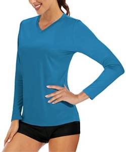 MAGCOMSEN UV Shirt Damen Sport Shirt mit V-Neck UPF 50+ Longsleeve Sonnenschutz T-Shirt Schnelltrocknende Outdoor Shirts Langarmshirt für Wandern Laufen Grün 2XL von MAGCOMSEN