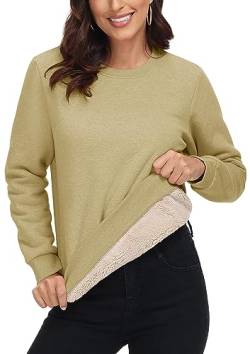 MAGCOMSEN Winter Langarmshirt Damen Pullover Fleece Sweatshirt College Shirts Sport Outdoor Tops Freizeit Wandershirt mit Rundhals Khaki XL von MAGCOMSEN