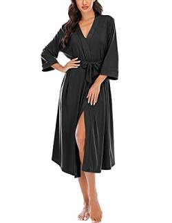 MAGIC ARMOR Bademantel Für Damen Leichter/Damen Morgenmantel,3/4 Ärmeln Morgenmantel V-Ausschnitt Kimono Roben Langes Nachthemd für Nachtwäsche,Schwarz L von MAGIC ARMOR