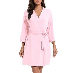 MAGIC ARMOR Damen Bademantel Für Damen Leichter 3/4 Ärmeln Bademantel Nachtwäsche Kimono Saunamantel mit Tiefer V-Ausschnitt Morgenmantel Schlafanzug Rosa XXL von MAGIC ARMOR