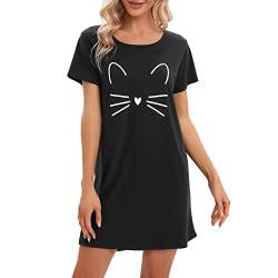 MAGIC ARMOR Damen Nachthemd Baumwolle Kurzarm Nachtwäsche Negligees Schlafhemd T-Shirt Sleepshirt M (M, A-schwarz) von MAGIC ARMOR