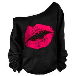 MAGICMK Damen Sweatershirt Lippen Print Causal Bluse Schulterfrei Langarm Lose Slouchy Pullover Plus Size Tops, Schwarz+Hotpink, L von MAGICMK