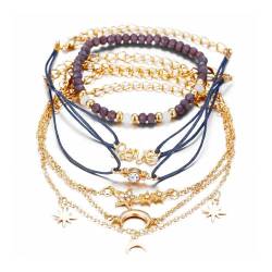MAGIIE 6 Stück Armreifen Armband Damen Set,Mehrfach stapelbares Wickelarmband,Sortierte Perlenarmbänder,Verstellbarer Schmuck (Gold 6p) von MAGIIE