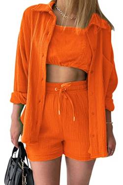 MAGIMODAC Damen Baumwolle Bluse Hemd Langarm Shirt Hemdshirt Urlaub Freizeit Oberteile Strand Hemdbluse Sommer Shorts Set Orange L von MAGIMODAC