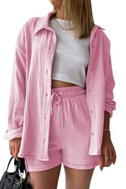 MAGIMODAC Damen Baumwolle Bluse Hemd Langarm Shirt Hemdshirt Urlaub Freizeit Oberteile Strand Hemdbluse Sommer Shorts Set Zweiteiler Rosa S von MAGIMODAC