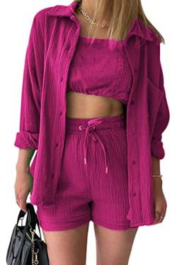 MAGIMODAC Damen Baumwolle Bluse Hemd Langarm Shirt Hemdshirt Urlaub Freizeit Oberteile Strand Hemdbluse Sommer Shorts Set Zweiteiler Rosarot S von MAGIMODAC