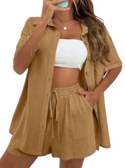 MAGIMODAC Damen Baumwolle Bluse Kurzarm Hemd Shirt Hemdshirt Urlaub Freizeit Oberteile mit Knöpfen Hemdbluse Sommer Shorts Kurze Hose Zweiteiler Set Braun S von MAGIMODAC