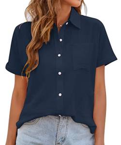 MAGIMODAC Damen Hemdbluse Kurzarm Baumwolle Hemd Bluse Sommer Freizeit Shirt Frauen Lässige Oberteile mit Knöpfen Dunkelblau XL von MAGIMODAC