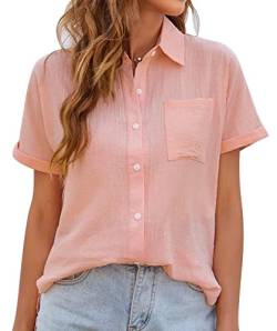 MAGIMODAC Damen Hemdbluse Kurzarm Baumwolle Hemd Bluse Sommer Freizeit Shirt Frauen Lässige Oberteile mit Knöpfen Rosa L von MAGIMODAC