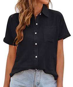 MAGIMODAC Damen Hemdbluse Kurzarm Baumwolle Hemd Bluse Sommer Freizeit Shirt Frauen Lässige Oberteile mit Knöpfen Schwarz 2XL von MAGIMODAC
