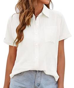 MAGIMODAC Damen Hemdbluse Kurzarm Baumwolle Hemd Bluse Sommer Freizeit Shirt Frauen Lässige Oberteile mit Knöpfen Weiß M von MAGIMODAC