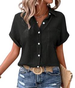 MAGIMODAC Damen Hemdbluse Kurzarm Baumwolle Shirt Hemd Bluse Sommer Freizeit Tshirt Casual Lässige Oberteile mit Knöpfen Schwarz L von MAGIMODAC