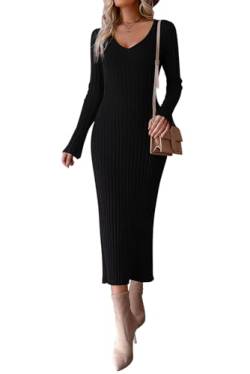 MAGIMODAC Damen Pullikleid Strickkleid Midi Kleider Freizeitkleid Lässig Herbst Winter gestricktes Kleid Lang mit Gürtel Schwarz L von MAGIMODAC