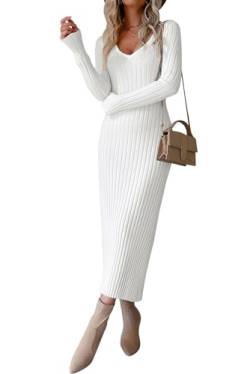 MAGIMODAC Damen Pullikleid Strickkleid Midi Kleider Freizeitkleid Lässig Herbst Winter gestricktes Kleid Lang mit Gürtel Weiß S von MAGIMODAC