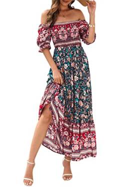 MAGIMODAC Damen Sommer Boho Kleid Off Shoulder Kleider Strandkleid Freizeitkleid Partykleid Kurzarm Maxikleid geblümtes Sommerkleid Grün L von MAGIMODAC