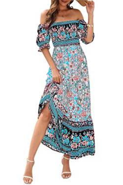 MAGIMODAC Damen Sommer Boho Kleid Off Shoulder Kleider Strandkleid Freizeitkleid Partykleid Kurzarm Maxikleid geblümtes Sommerkleid Hellblau S von MAGIMODAC