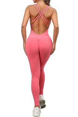 MAGIMODAC Damen Sport Leggings Booty Scrunch Butt Jumpsuit Einteiler Workout Overall Rückenfrei Sportanzug Ärmellos Fitness Sportliche Hose Rosarot M von MAGIMODAC