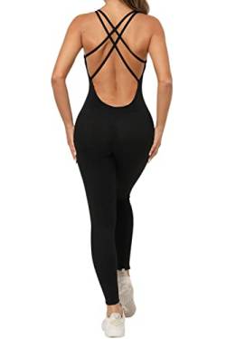 MAGIMODAC Damen Sport Leggings Booty Scrunch Butt Jumpsuit Einteiler Workout Overall Rückenfrei Sportanzug Ärmellos Fitness Sportliche Hose Schwarz M von MAGIMODAC