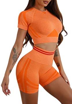 MAGIMODAC Damen Sportanzug Kurzarm Yoga Gym Anzug Jogginganzug Kurze Scrunch Booty Leggings Crop Top Sweatshirt mit Shorts 2 Teiliges Set Orange S von MAGIMODAC