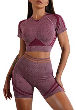 MAGIMODAC Damen Sportanzug Kurzarm Yoga Gym Anzug Jogginganzug Kurze Scrunch Booty Leggings Crop Top Sweatshirt mit Shorts 2 Teiliges Set Weinrot S von MAGIMODAC