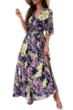 MAGIMODAC Damen Strandkleid Urlaub Kleider V Ausschnitt A Linie Freizeitkleid Maxikleid Sommerkleid geblümtes Boho Kleid Lang Dunkelblau XL von MAGIMODAC