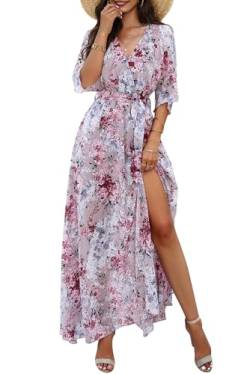 MAGIMODAC Damen Strandkleid Urlaub Kleider V Ausschnitt A Linie Freizeitkleid Maxikleid Sommerkleid geblümtes Boho Kleid Lang Lila M von MAGIMODAC