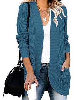 MAGIMODAC Damen Strickjacke Basic Cardigan Grobstrick Langarm Elegant Strickmantel Causal Strick Pullover mit Taschen Blau XL von MAGIMODAC