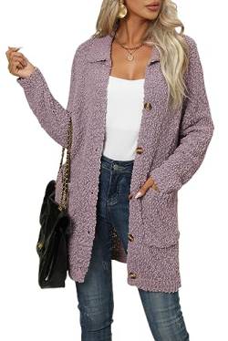 MAGIMODAC Damen Strickjacke Herbst Winter Grobstrick Strick Cardigan Strickpullover Strickmantel Strickpulli mit Taschen Knöpfen Lila L von MAGIMODAC