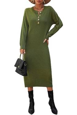 MAGIMODAC Damen Strickkleid Herbst Tunika Kleid Pullover Pullikleid Lang gestrickte Kleider Winter Freizeitkleid mit Knöpfe Grün S von MAGIMODAC