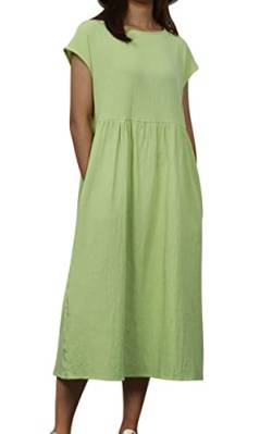 MAGIMODAC Damen Tunika Kleid Kurzarm Sommer Shirtkleid Knielang Leinenkleid GR.36-50 Baumwolle T Shirt Kleider Freizeitkleid Sommerkleid mit Taschen (Etikett 3XL/EU 46, grün) von MAGIMODAC