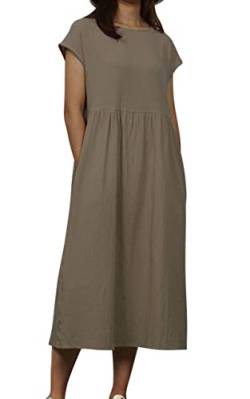 MAGIMODAC Damen Tunika Kleid Kurzarm Sommer Shirtkleid Knielang Leinenkleid GR.36-50 Baumwolle T Shirt Kleider Freizeitkleid Sommerkleid mit Taschen (Etikett 4XL/EU 48, Khaki) von MAGIMODAC